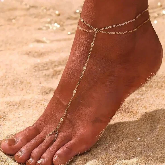 Dainty Gold Ankle Bracelet Brass Bead Chain Adjustable Foot Jewelry Gift - Picture 7 of 9